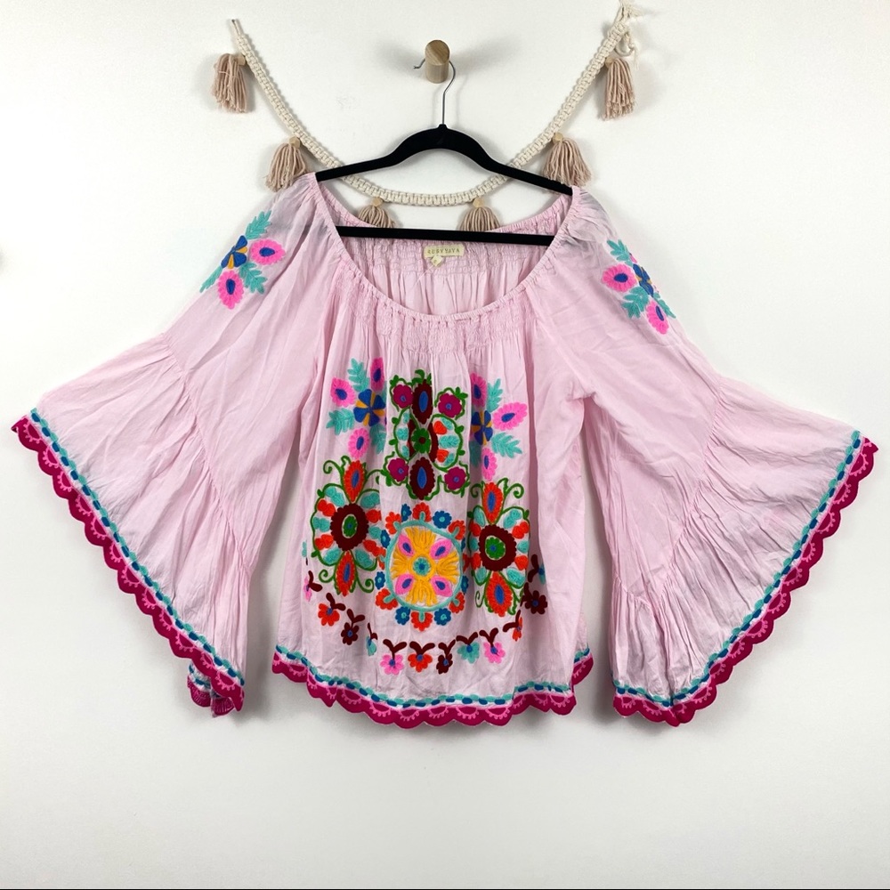 Ruby Yaya Pink Floral Peasant Boho Top SZ S